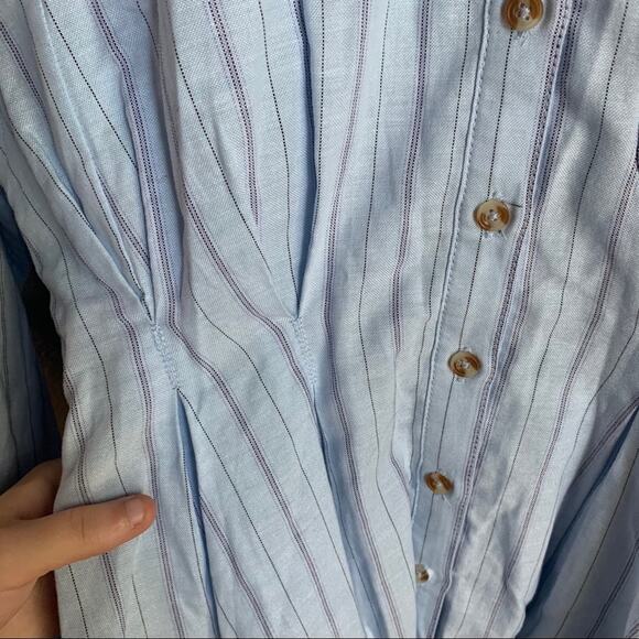 Anthropologie Maeve Blue Pinstriped Pleated Waist Button Down Shirt Size 0 - Picture 5 of 7
